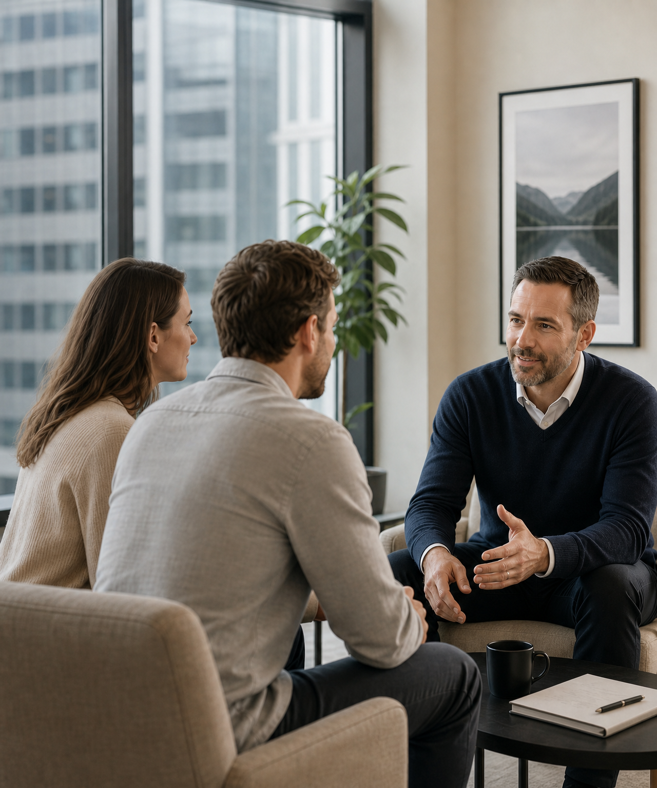 A financial advisor speaking with a couple in a bright office